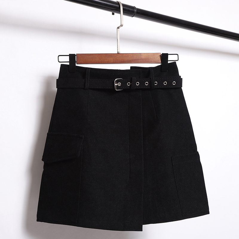 Irregular woolen skirt 2022 autumn and winter new anti-glare short skirt Korean version black high waist slit bag hip skirt