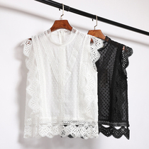 Sleeveless lace shirt summer womens 2021 new fashion foreign style round neck wooden ear top waist slim chiffon shirt