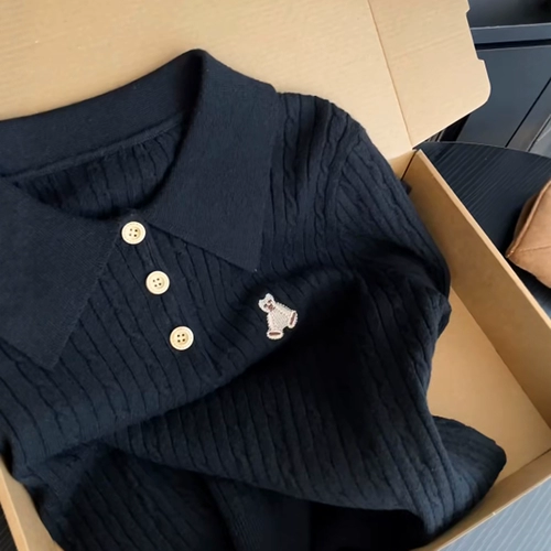 Черный демисезонный свитер, трикотажная кукла, футболка polo, с медвежатами, с вышивкой, облегающий крой