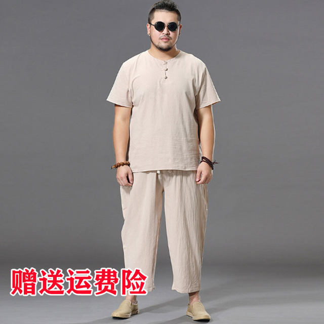 Linen suit fat man extra large size Chinese style men's clothing plus fat plus size loose fat man cotton and linen short-sleeved T-shirt 300