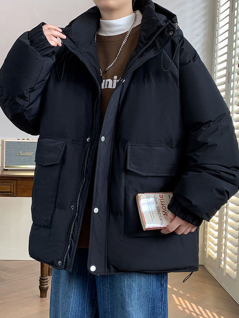 加大码纯色连帽羽绒服男冬季白鸭绒美式潮牌加厚保暖胖子工装外套