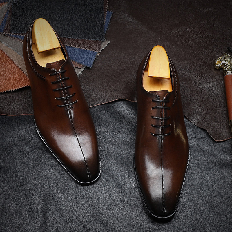 European station men's pointed toe dress first layer cowhide leather shoes British wedding shoes Oxford shoes genuine leather business casual men's shoes