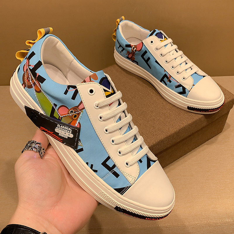 European Station New Little Monster Men's Shoes Genuine Leather Print Youth Trendy Brand Casual Fashion Spring Breathable Lace-Up Sneakers