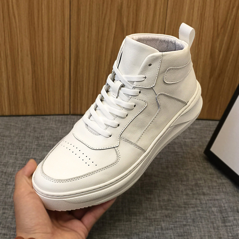 European station spring and autumn new men's shoes leather white high-top shoes thick-soled small white shoes all-match mid-top casual shoes trendy shoes