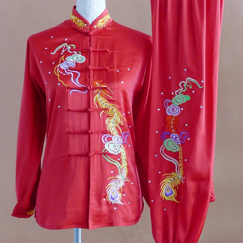 New products Tai Chi Suit Martial Practice Women's Taijiquan Martial Arts Costume Performance Team Wear Red Embroidered Color Phoenix-Taobao