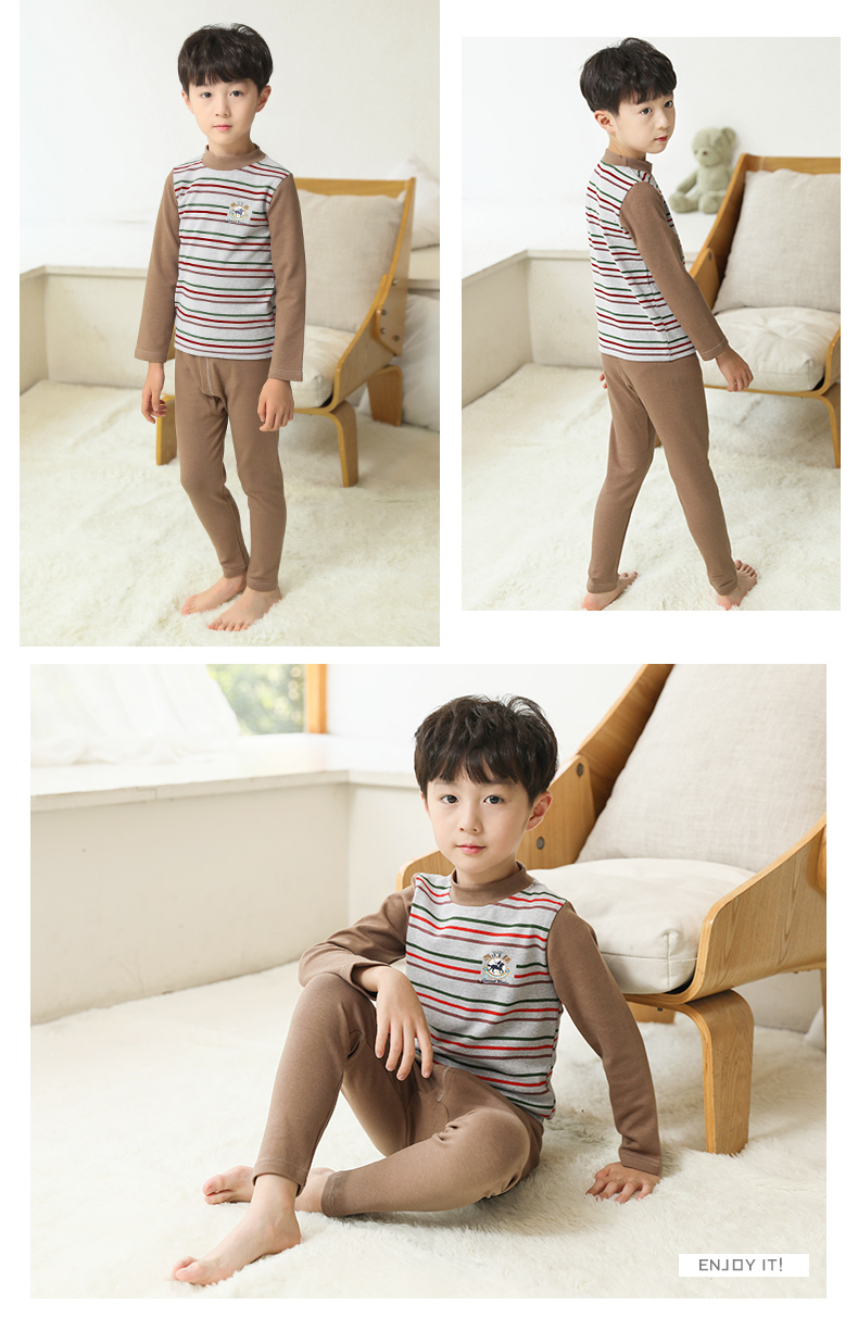 Đồ ngủ trẻ em đặt bé trai đồ lót nhiệt trong cậu bé lớn mùa xuân và mùa thu mô hình quần áo mùa thu mỏng đồ ngủ nhà dịch vụ hai mảnh bộ dài tay bé trai
