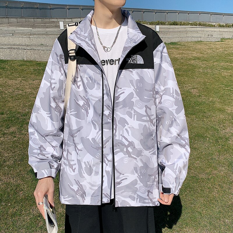 Hooded ins jacket male couple student tide brand Hong Kong style camouflage simple spring and autumn new stand-up collar shirt jacket male