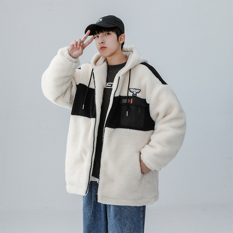 2022 autumn and winter Hong Kong style lamb wool jacket down jacket men's new loose couple tide brand student ins top