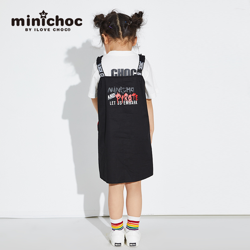 Minichoc trẻ em quần áo cô gái dây đeo váy cotton mùa hè đen sling váy không khí giữa trẻ em lớn của.