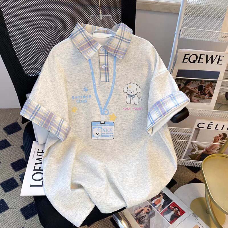 Girls' Polo Shirt with Soft and Cute Dog Print, Light Gray Plaid Work Badge, and Puppy Print for Older Children, Student T-Shirt, Ins Style Girls' Polo Shirt with Soft and Cute Dog Print, Light Gray Plaid Work Badge, and Puppy Print for Older Children, Student T-Shirt, Ins Style