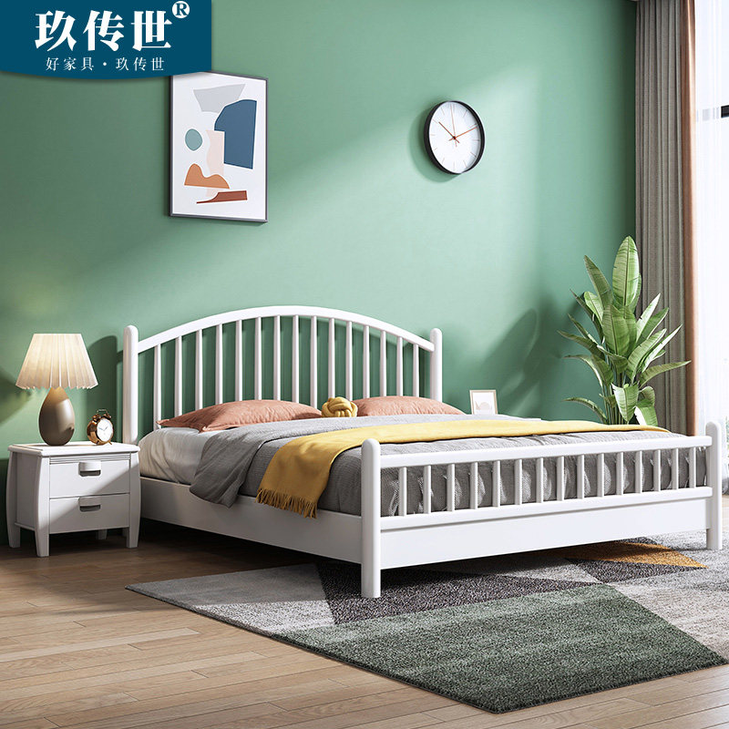 Nordic solid wood bed 18m double bed modern minimalist Japanese wooden bed 15m master bedroom homestay white princess bed