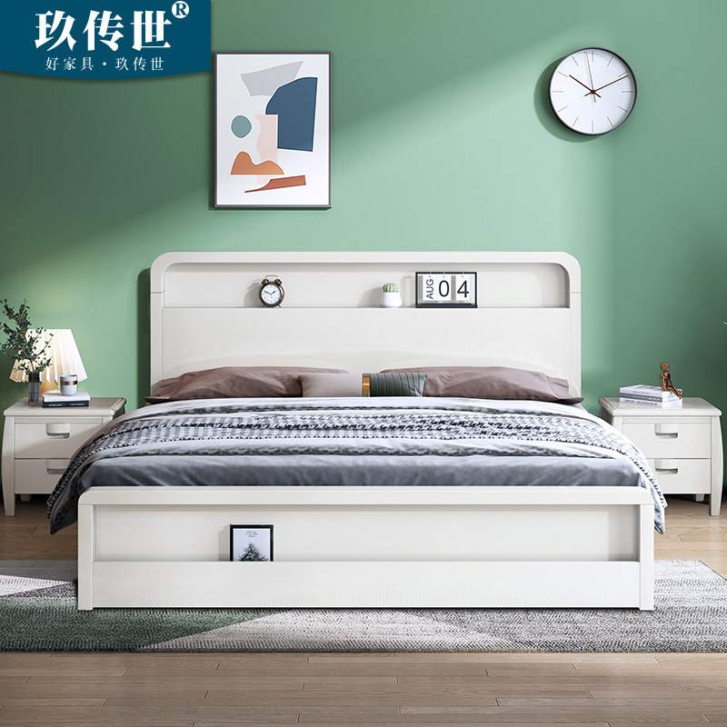 Solid wood bed modern simple 1 meter 5 white Nordic bed master bedroom accommodation 1 8 meters single Double 1 35 furniture