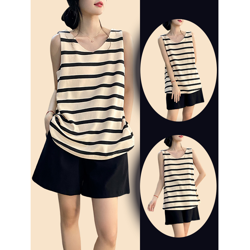 Women's Summer Cotton Thin Striped Sleeveless Vest Shorts Pajamas Sexy with Chest Pad Home Wear Two-Piece Set