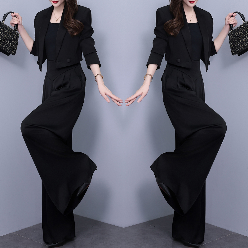 Black Three-Piece Suit for Women, Short Jacket, 2026 Autumn New Style, High-Waisted Wide-Leg Pants, Stylish Design Set