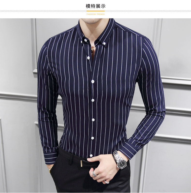 Mùa thu mới thanh niên áo sơ mi sọc dài tay chạm đáy Slim Hàn Quốc thời trang giản dị sinh viên trắng tay ngắn lót so mi nam