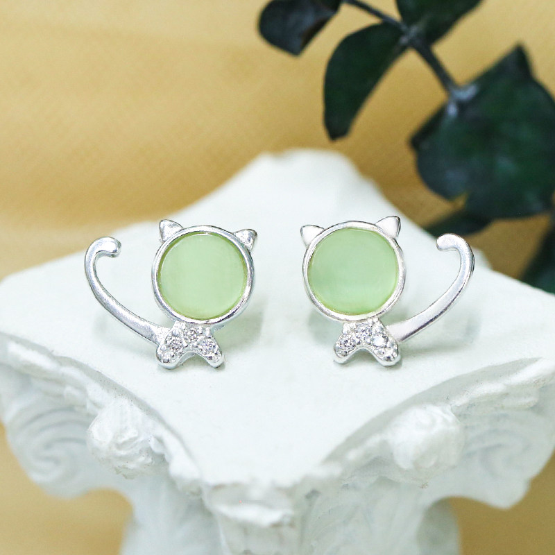s925 pure silver green cat eye stone kitty ear pin cute little cat animal earrings earrings earbone nail silver decorated female style