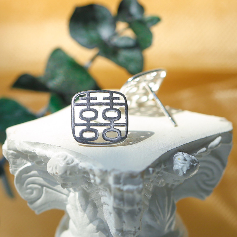 s925 pure silver double-joy-shaped ear pin cute and festive cut paper styling earrings fashion eardrop earbone nail silver decorated female style