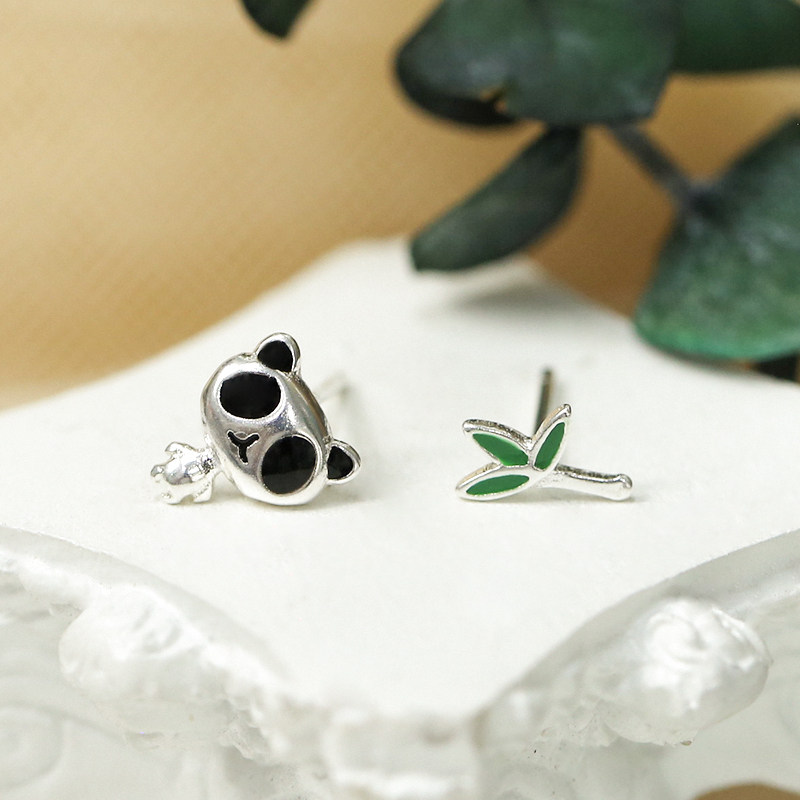s925 Sterling Silver Giant Panda Bamboo Ear Pins Sweet and Cute Asymmetrical Earrings Earrings Ear Bone Nails Silver Jewelry Women