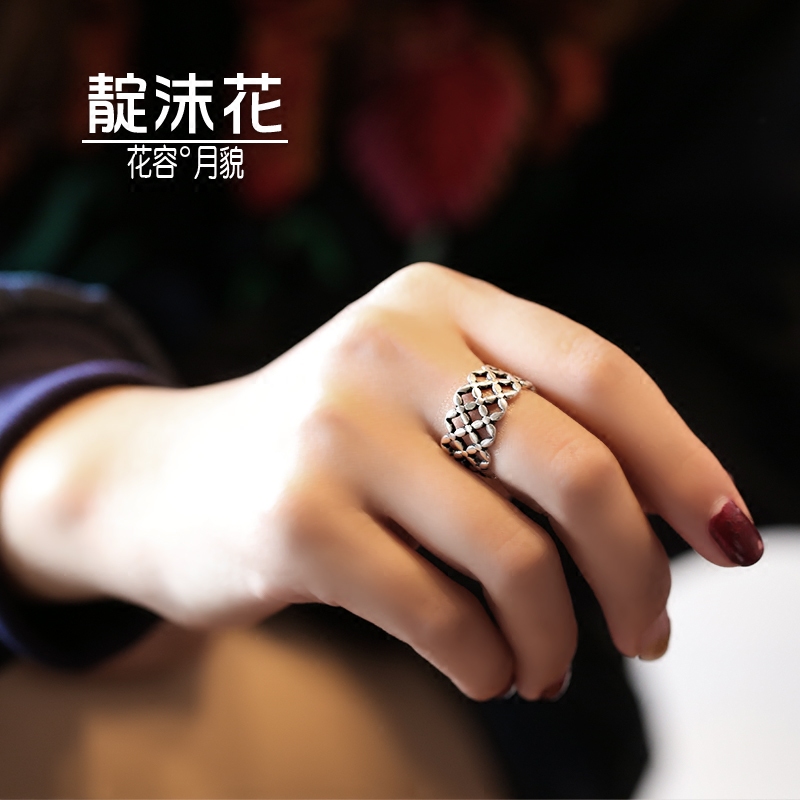 s925 pure silver hollowed-out copper money thread ring retro fashion wide version ring trend index finger ring tail ring ornament female