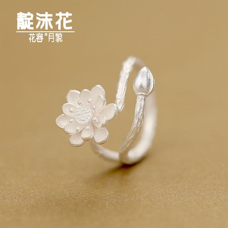 s925 sterling silver lotus ring flower ring fresh and sweet small flower index finger ring literary temperament tail ring jewelry