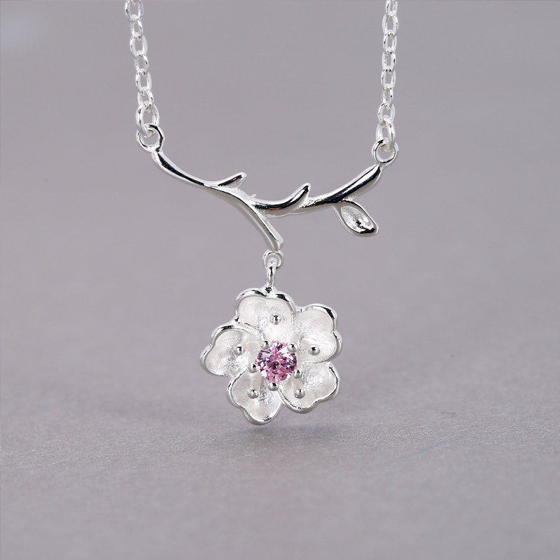 s925 silver powder color cherry zircon flower necklace woman fresh sweet and small floral collarbone chain student neck necklace gift ornament