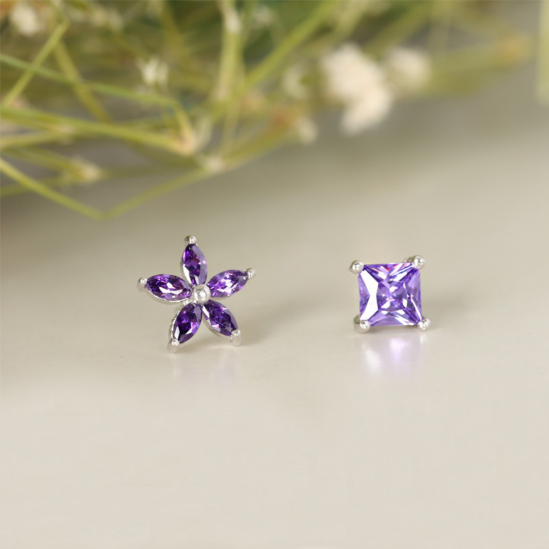 s925 S925 Solid silver flower ear nails asymmetrical square zircon earrings fresh art ear crashes fashionable shiny ear accessories