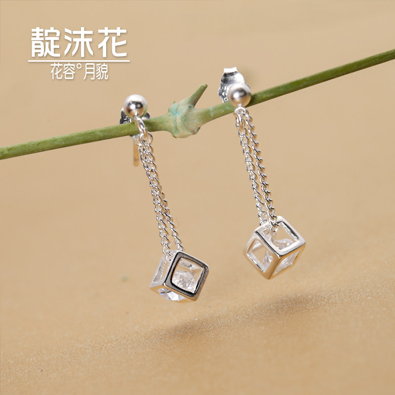 s925 Pure Silver Magic Cube Square Pendant Earshot Zircon Shiny Long Version Earrings Temperament Fashion Ear Pendant
