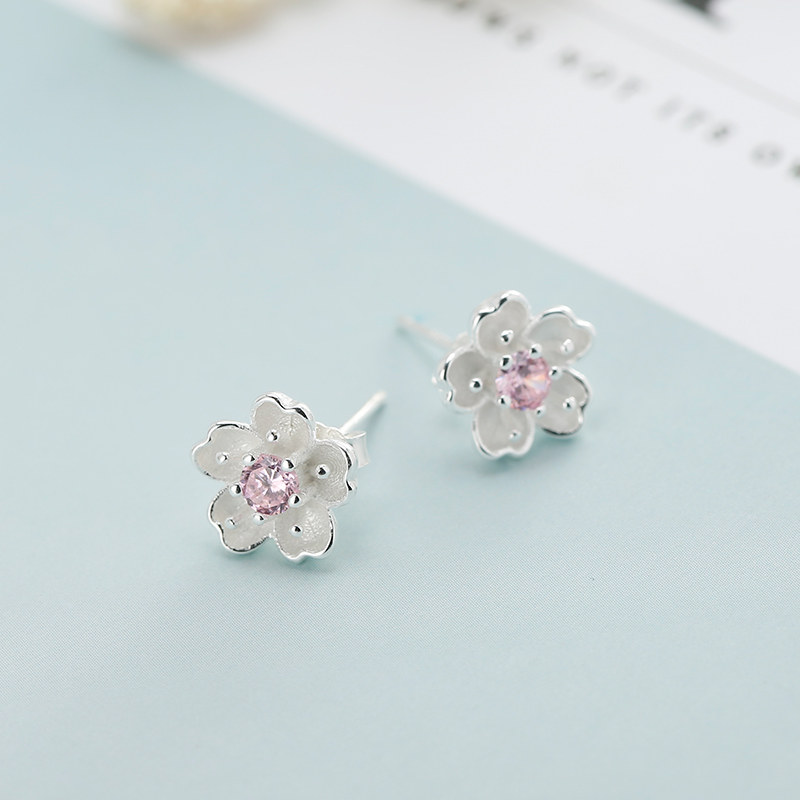 S925 Sterling Silver Ear Needle Female Bloom Cherry Blossom Fresh Earrings Korean Temperament Hand-inlaid Simple Personality Earrings