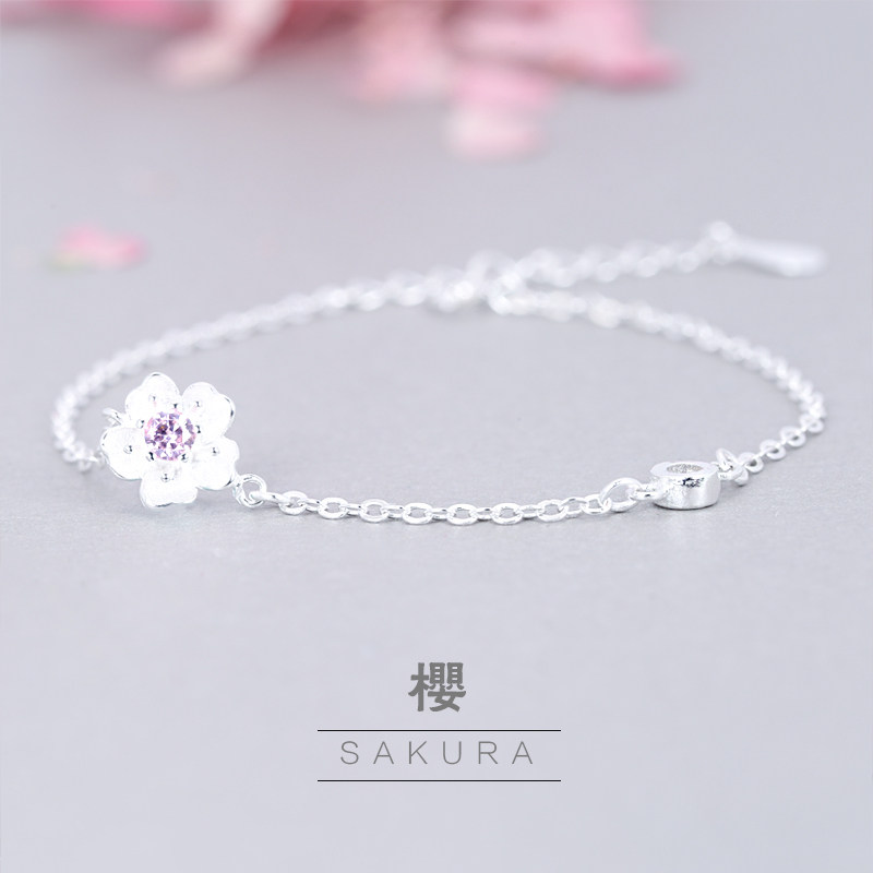S925 silver powder color cherry zircon floral handmade delicate flower bracelet fresh and sweet student small flower pendant handmade