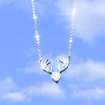 s925 Pure Silver Small Fresh Deer Necklace Deer Head Color Moon Light Stone Pendant Lock Bone Chain Deer Corner Neck Chain Gift Ornament