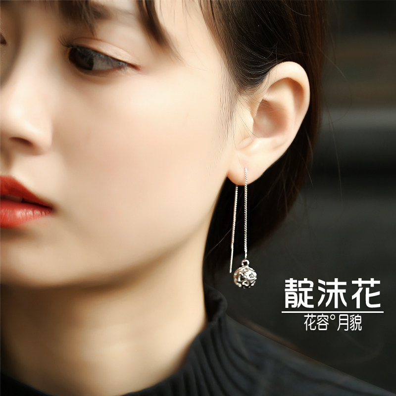 s925 pure silver pellet ear chain hollowed-out pattern ear necklace with long version of pendant earning-ear pendant earning-ear ornament female