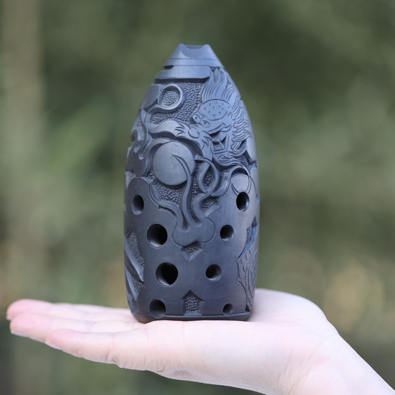 Step ancient 10-hole ten-hole black pottery pen holder Double chamber professional performance grade black pottery ceramic musical instrument F tune G tune