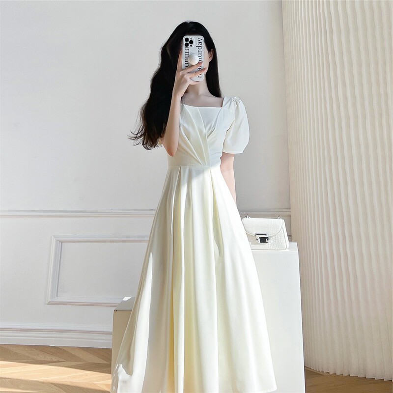 French-Style White Dress for Women, Summer 2025 New Model, Square Neck, Fashionable, Elegant, Waist-Cinching, Slimming, High-End Long Dress