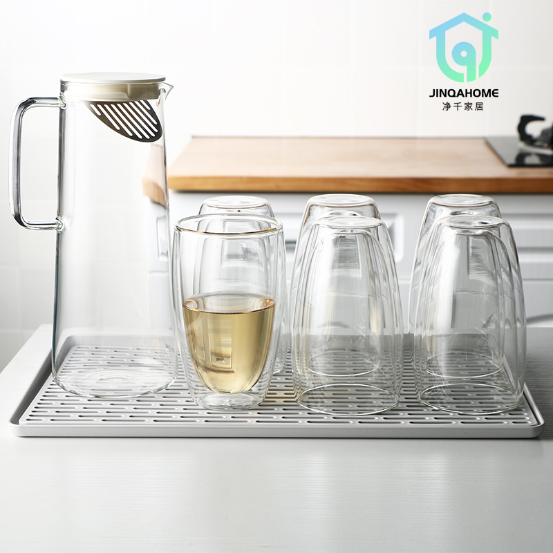 Double-layer cup insulated glass water cup household heat-resistant transparent glass tea cup large-capacity kettle drain tray set