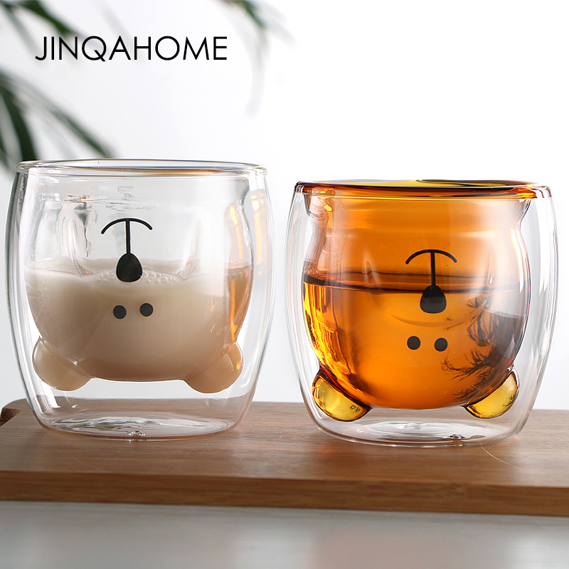 ins wind home double water cup small bear cup breakfast milk cup small cat glass cub cute animal male and female lovers