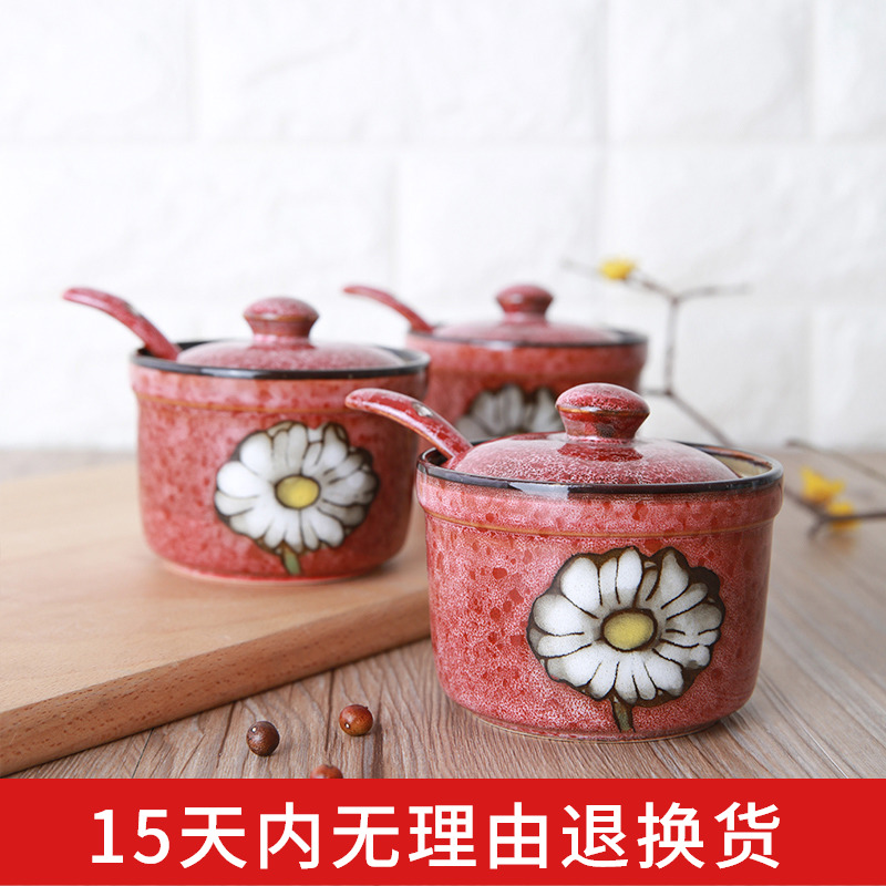 Korean yuquan 】 【 flavored with cover ceramic pot of salt sugar jar of sauce condiment bottles of creative box of three - piece suit