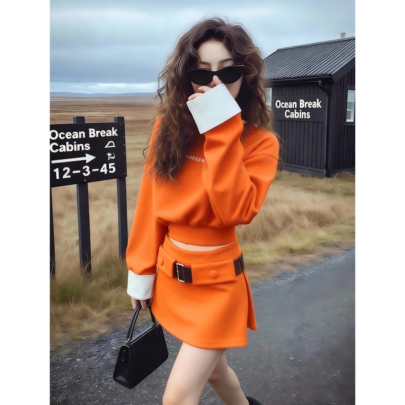 2026 Winter Super Trendy Complete Outfit Skirt Set, Youthful and Stylish, Orange Sweatshirt and High-Waisted Skirt Two-Piece Set 2026 Winter Super Trendy Complete Outfit Skirt Set, Youthful and Stylish, Orange Sweatshirt and High-Waisted Skirt Two-Piece Set