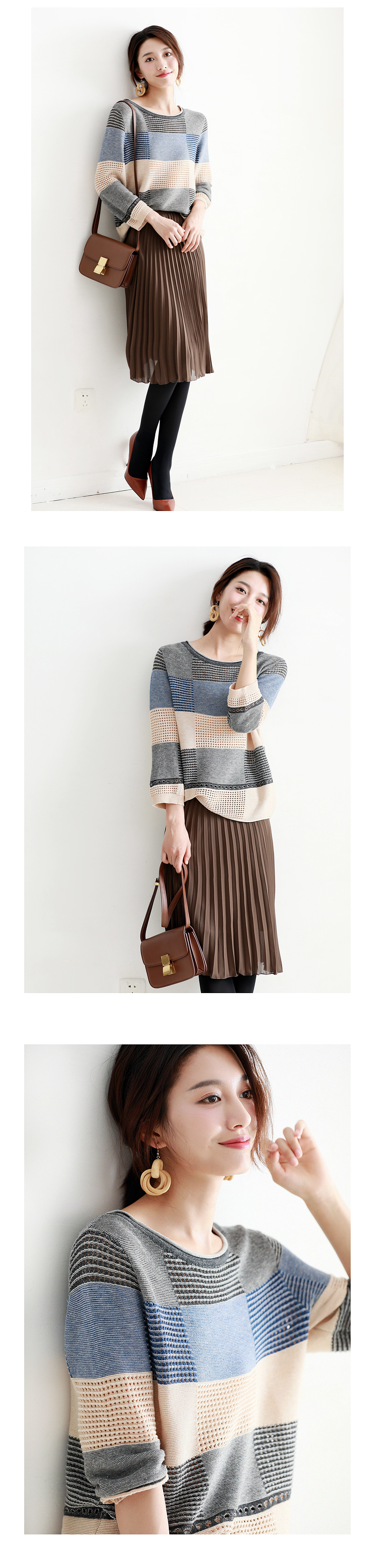 Đầu mùa thu đơn giản retro vòng cổ màu sắc phù hợp với yếu tố vuông hoang dã giản dị chín điểm tay áo hollow áo thun áo len quần áo nữ giá rẻ