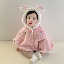 Baby hooded cloak autumn and winter baby girl plush shawl coral velvet embroidery full moon outing cover windproof and warm