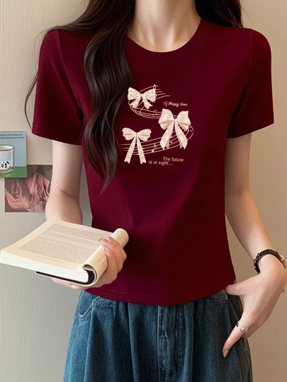 Burgundy Short Round Neck Style Short-Sleeved T-Shirt for Women European Station 2025 Summer New Slim Zodiac Year T-Shirt