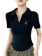 Black Slim-Fit Short Polo Collar Pure Cotton Short-Sleeve T-Shirt for Women, European Style, 2025 Summer New V-Neck Unique Top