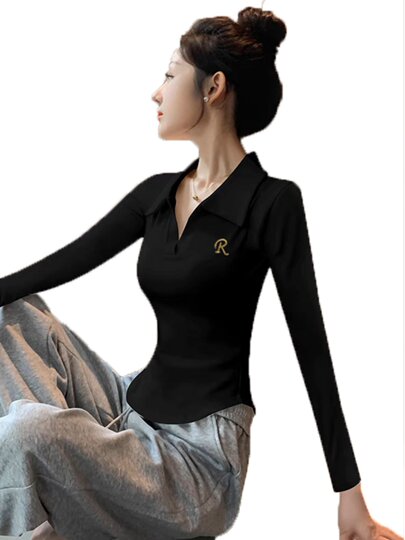 Black Slim-Fit Polo Shirt, Pure Cotton Short Base Shirt for Women, European Style, 2026 Summer New Short-Sleeve T-Shirt Top