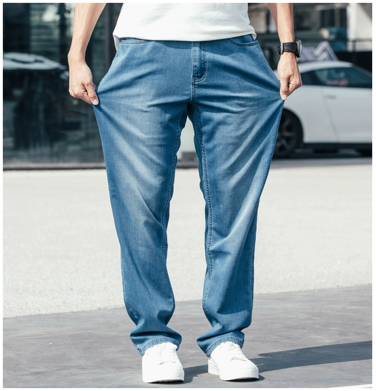 Feinuo mùa hè mỏng quần jeans nam dệt kim co giãn thẳng co giãn cộng với XL quần dài nam xu hướng - Quần jean quần jean nam levis