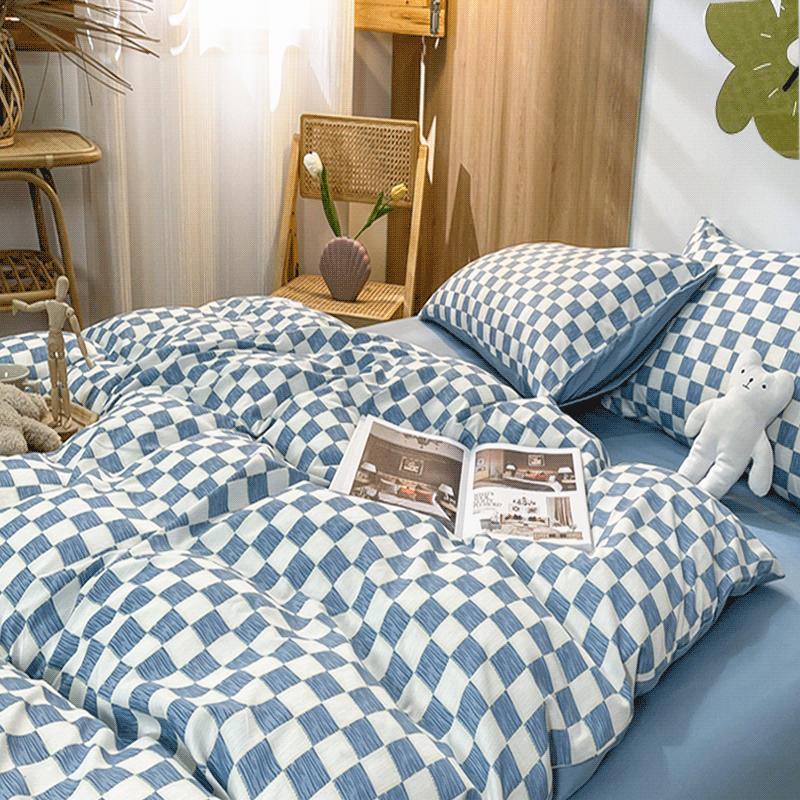 Nordic washed cotton bunk bedding Four pieces of kit minimalist bed sheet Chessboard Plaid Dormitory Three Sets 4 Beds Hat 3