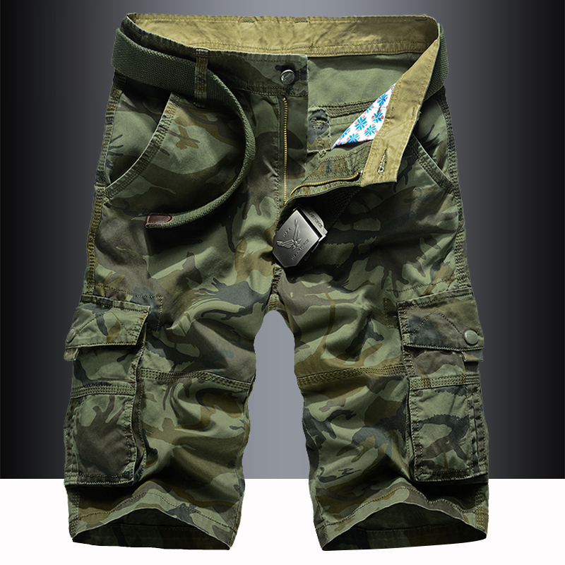 Men's Summer Thin Work Shorts, Loose Fit, Multi-Pocket, Mid-Length, Pure Cotton, Casual Camouflage Straight-Leg Pants