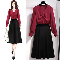 Autumn light mature wind temperament Imperial sister suit Hepburn style Foreign style fashion goddess Fan Mengyuan autumn dress thin two-piece set