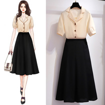 Temperament set female summer 2021 new fashion foreign style goddess fan Heben light mature wind shirt skirt two-piece set