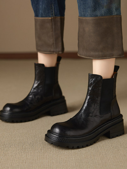 Soft Sheepskin Retro Genuine Leather Chelsea Boots for Women, British Style Street Style Short Boots, Distressed Martin Boots