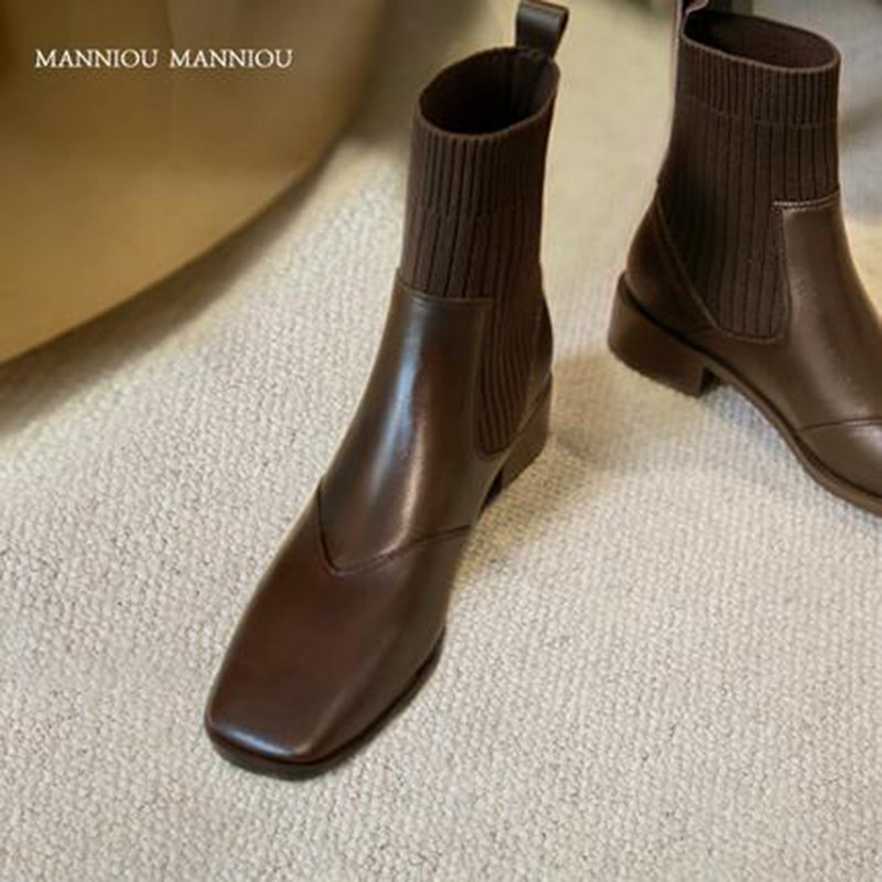 Chelsea High Heel Short Boots Woman Autumn Winter Single Boots Knit Square Head Brown Martin Boots Rough Heel Genuine Leather Skinny Socks Boots