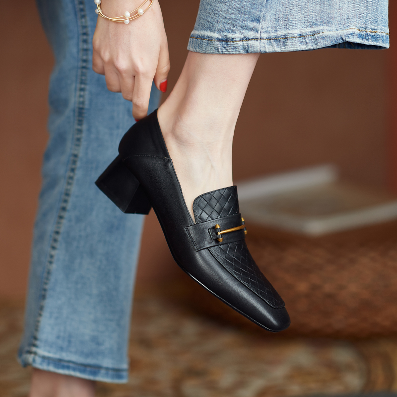 Lefoshoe Women Inn Wind Autumn Summer leather One foot pedal women's shoes brown coarse heel small leather shoes with deep stomp shoes